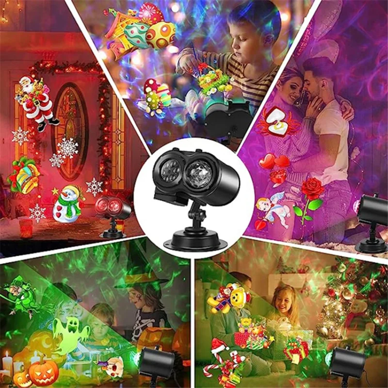 Dual Water Pattern Christmas Projection Lamp Indoor Decorative Projector Light with 16 Cards - US Plug