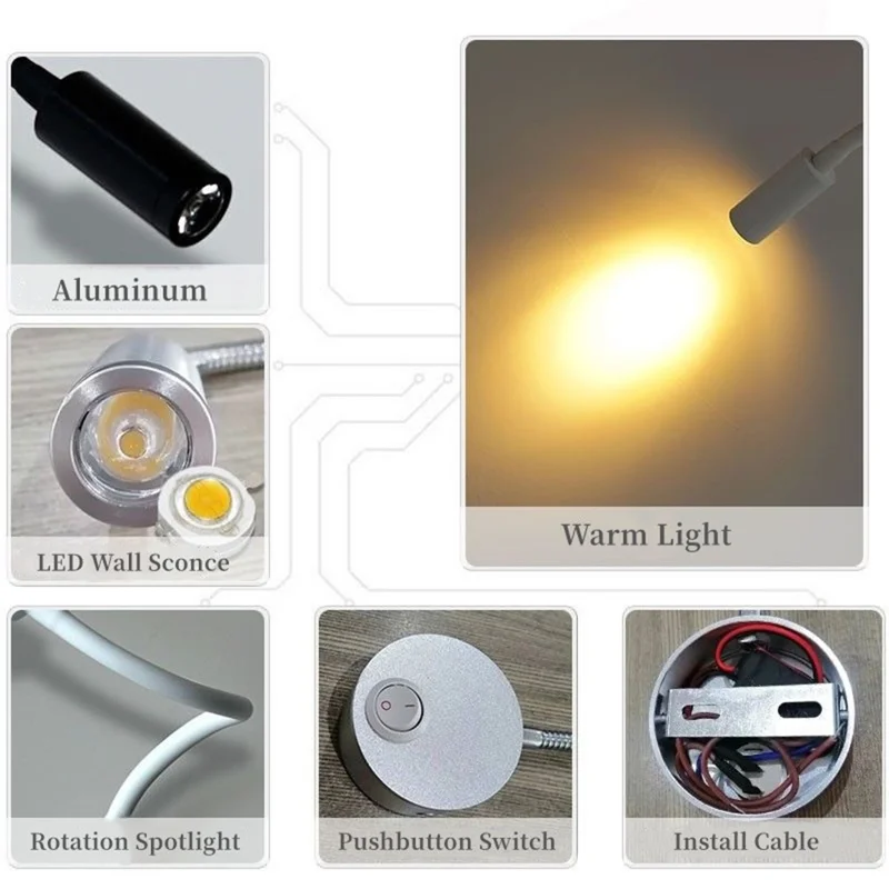 Flexible Wall Mounted LED Night Light Bedside Metal 1W Warm Light Lamp for Home, Hotel - 3101 Black