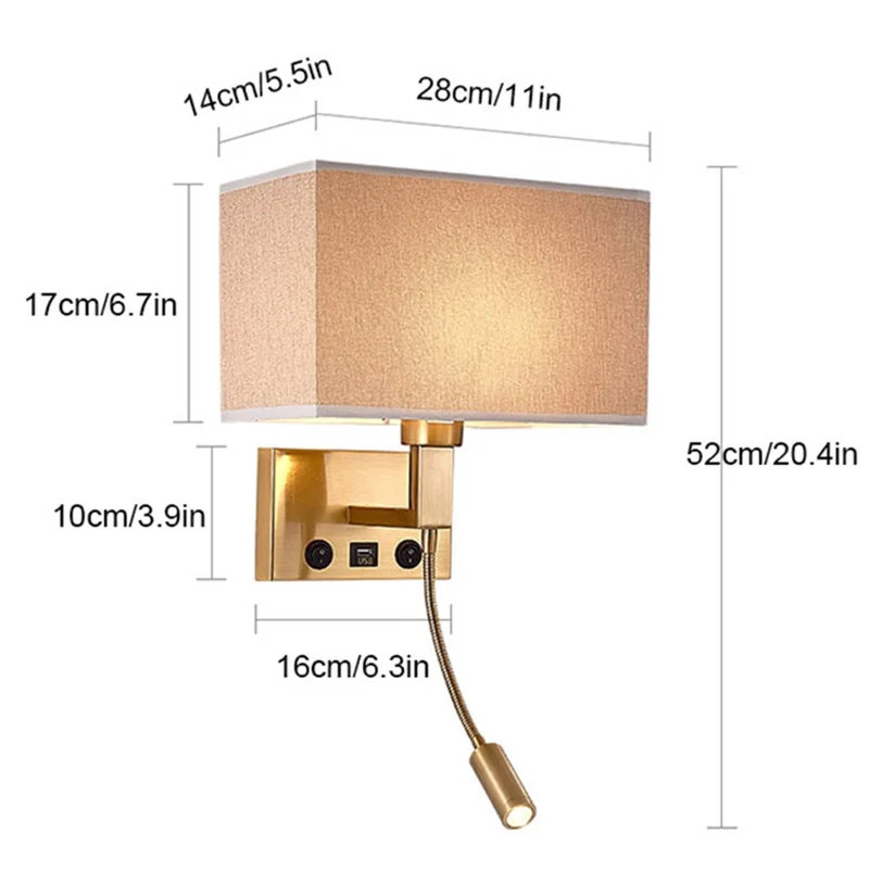 3104 5W Bedside Wall Lamp Corridor LED Reading Light with Gooseneck Spotlight and USB Port - Black / Brown Cover / White Light
