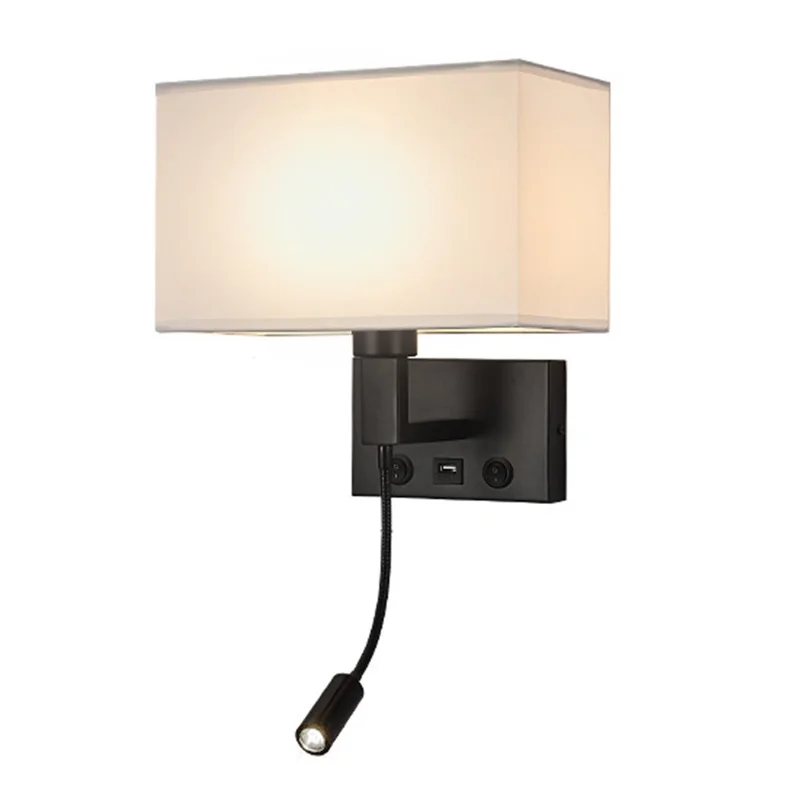 3104 5W Bedside Wall Lamp Corridor LED Reading Light with Gooseneck Spotlight and USB Port - Black / White Cover / White Light