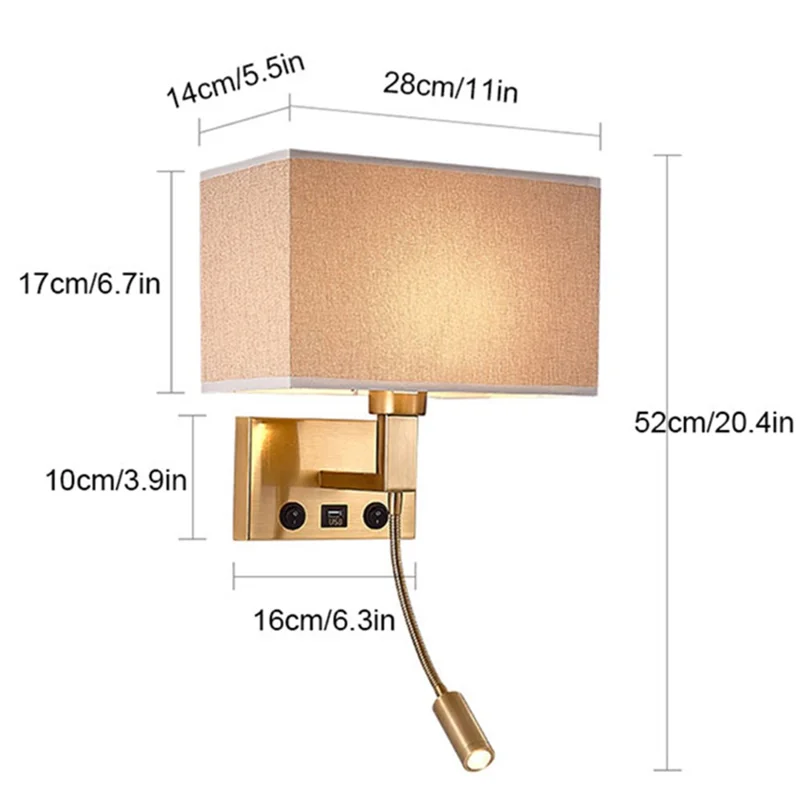 3104 مصباح حائط جانبي للسرير 5 واط مصباح قراءة LED للممر مع أنبوب أنف الإوز وميناء USB - نحاس / غطاء بني / ضوء دافئ