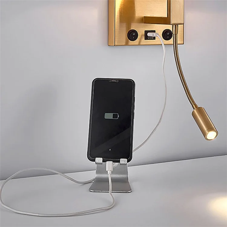 3104 5W Bedside Wall Lamp Corridor LED Reading Light with Gooseneck Spotlight and USB Port - Copper / White Cover / Warm Light