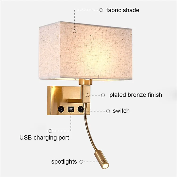 3104 5W Bedside Wall Lamp Corridor LED Reading Light with Gooseneck Spotlight and USB Port - Copper / White Cover / Warm Light