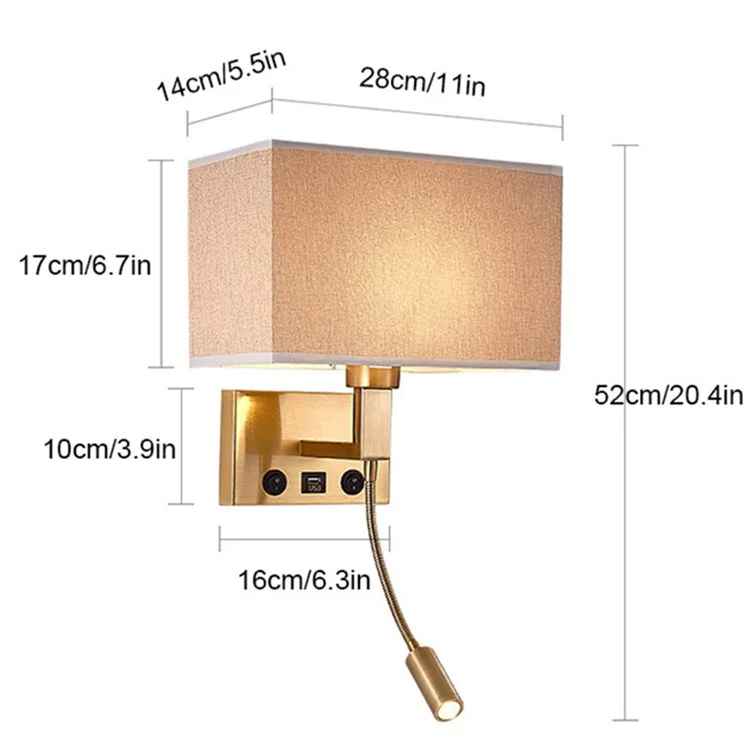 3104 5W Bedside Wall Lamp Corridor LED Reading Light with Gooseneck Spotlight and USB Port - Copper / White Cover / Warm Light