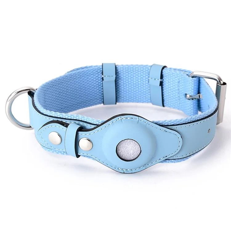 PU Leather+Canvas Anti-Lost Locator Pet Dog Collar for Apple AirTag Tracker Adjustable Pet Collar ST, Size S - Blue