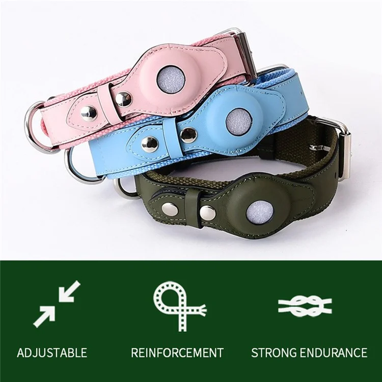 PU Leather+Canvas Anti-Lost Locator Pet Dog Collar for Apple AirTag Tracker Adjustable Pet Collar ST, Size S - Blue