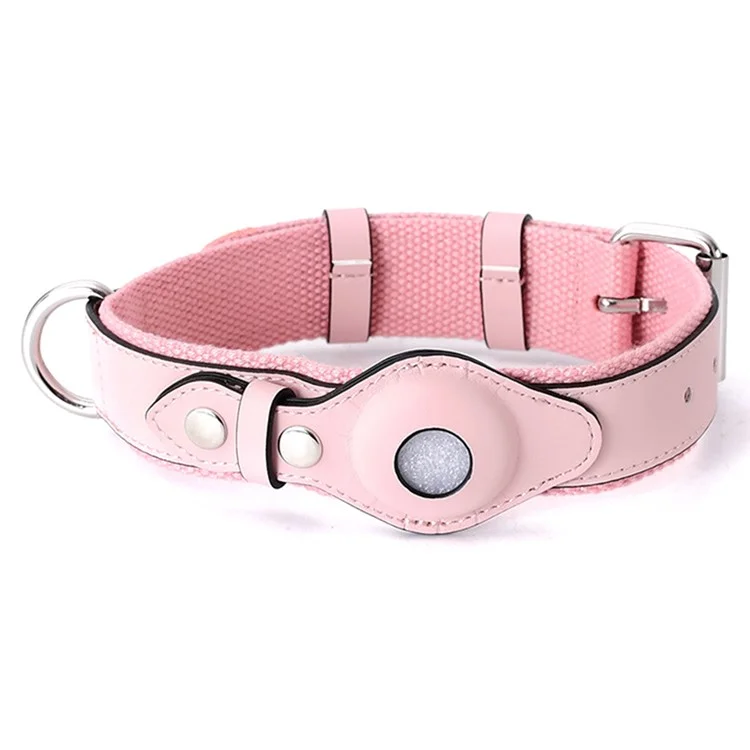 PU Leather+Canvas Anti-Lost Locator Pet Dog Collar for Apple AirTag Tracker Adjustable Pet Collar ST, Size S - Pink