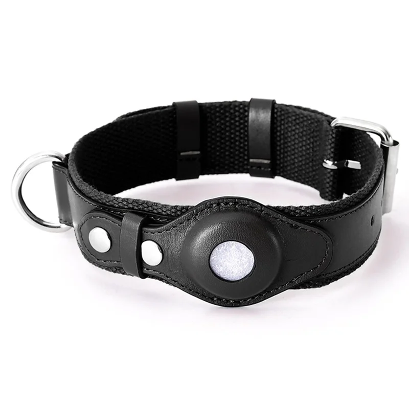For Apple AirTag Tracker Pet Collar PU Leather+Canvas Anti-Lost Adjustable Dog Collar ST, Size M - Black
