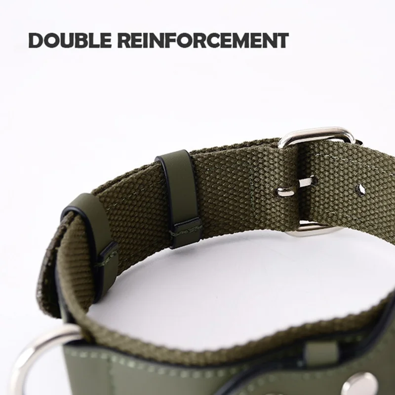For Apple AirTag Tracker Pet Collar PU Leather+Canvas Anti-Lost Adjustable Dog Collar ST, Size M - Black