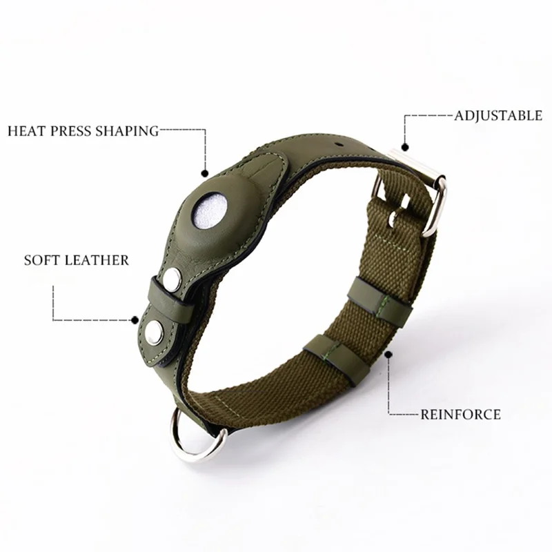 For Apple AirTag Tracker Pet Collar PU Leather+Canvas Anti-Lost Adjustable Dog Collar ST, Size M - Black