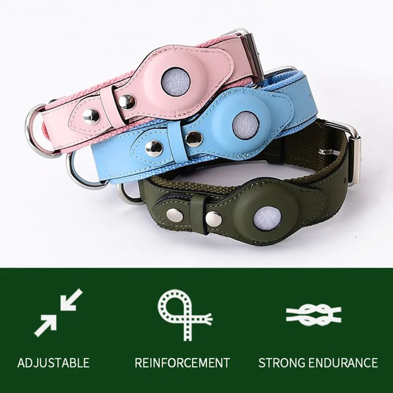 For Apple AirTag Tracker Pet Collar PU Leather+Canvas Anti-Lost Adjustable Dog Collar ST, Size M - Black