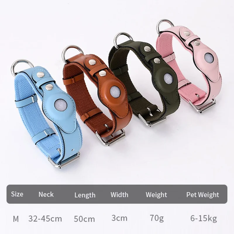 For Apple AirTag Tracker Pet Collar PU Leather+Canvas Anti-Lost Adjustable Dog Collar ST, Size M - Black