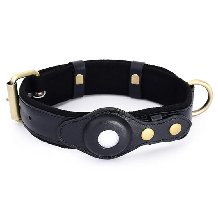 For AirTag PU+Suede Leather Pet Dog Collar Adjustable Collar Bluetooth Tracker Holder Protective Case, Size: M - Black