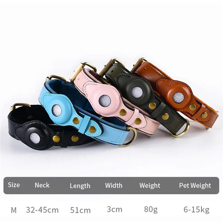 For AirTag PU+Suede Leather Pet Dog Collar Adjustable Collar Bluetooth Tracker Holder Protective Case, Size: M - Black