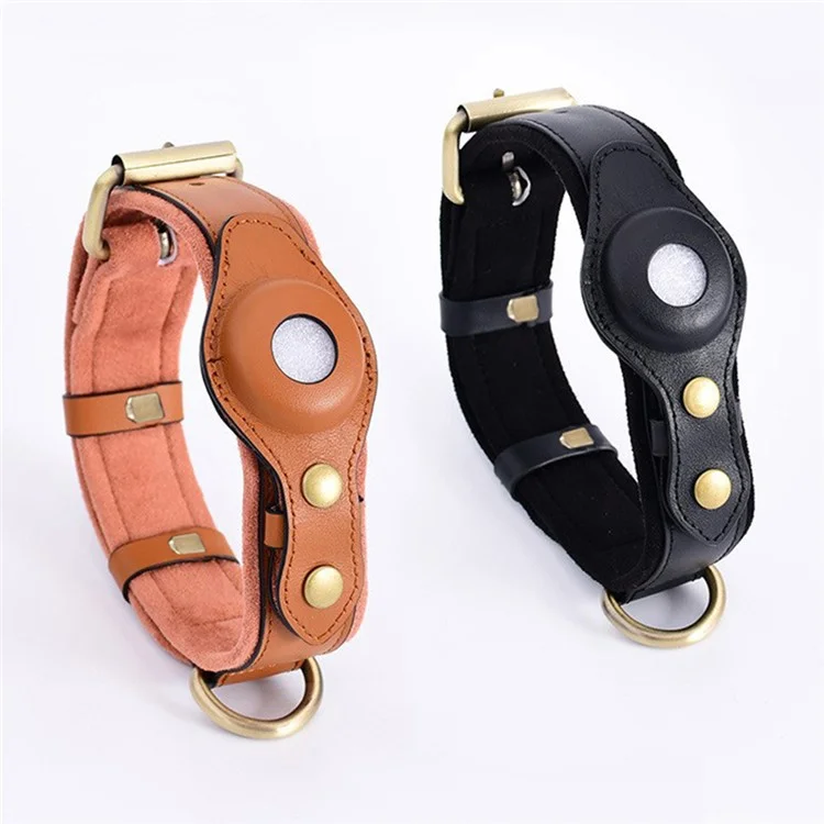 For AirTag PU+Suede Leather Pet Dog Collar Adjustable Collar Bluetooth Tracker Holder Protective Case, Size: M - Black