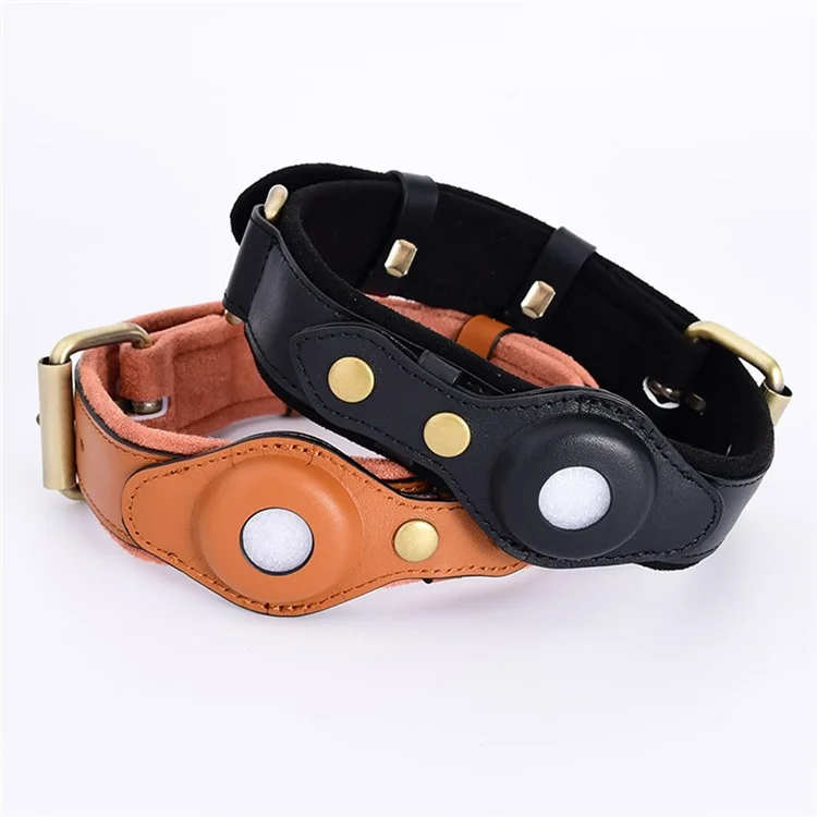 Pour le collier de chien en cuir PU+suède AirTag Adjustable Bluetooth Tracker Holder Protective Case, Taille: M - Noir