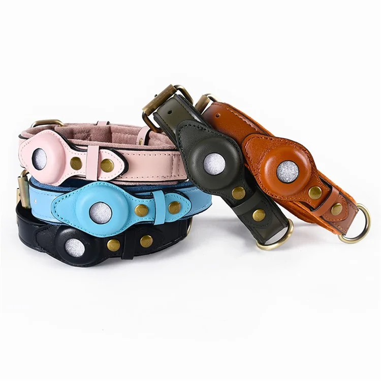 For AirTag PU+Suede Leather Pet Dog Collar Adjustable Collar Bluetooth Tracker Holder Protective Case, Size: M - Black