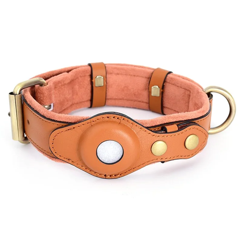 Large Dog Neck Hanging Collar for Apple AirTag, Bluetooth-compatible Tracker Holder PU+Suede Leather Pet Locator, Size: L - Brown