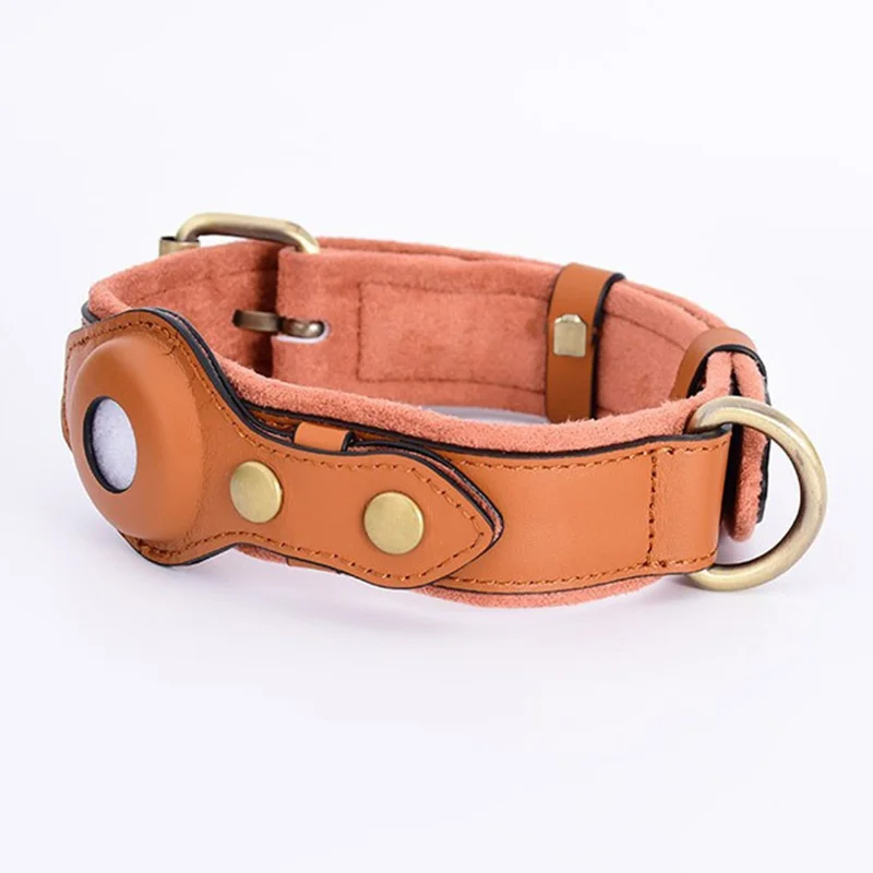 Large Dog Neck Hanging Collar for Apple AirTag, Bluetooth-compatible Tracker Holder PU+Suede Leather Pet Locator, Size: L - Brown