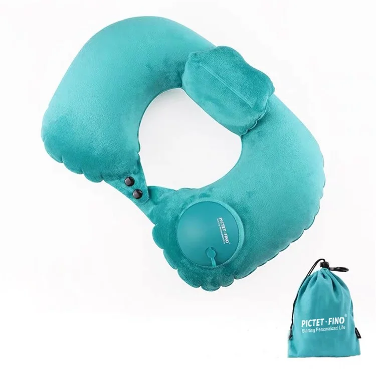 PICTET.FINO RH80 U-Shape Portable Press Inflatable Pillow Camping Travel Nap Neck Cushion with Storage Bag - Blue