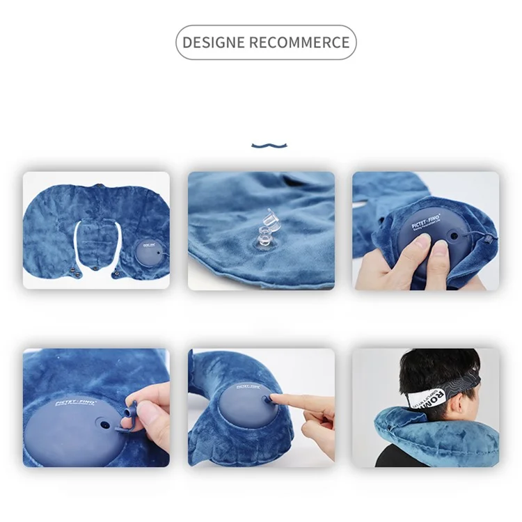 PICTET.FINO RH80 U-Shape Portable Press Inflatable Pillow Camping Travel Nap Neck Cushion with Storage Bag - Blue