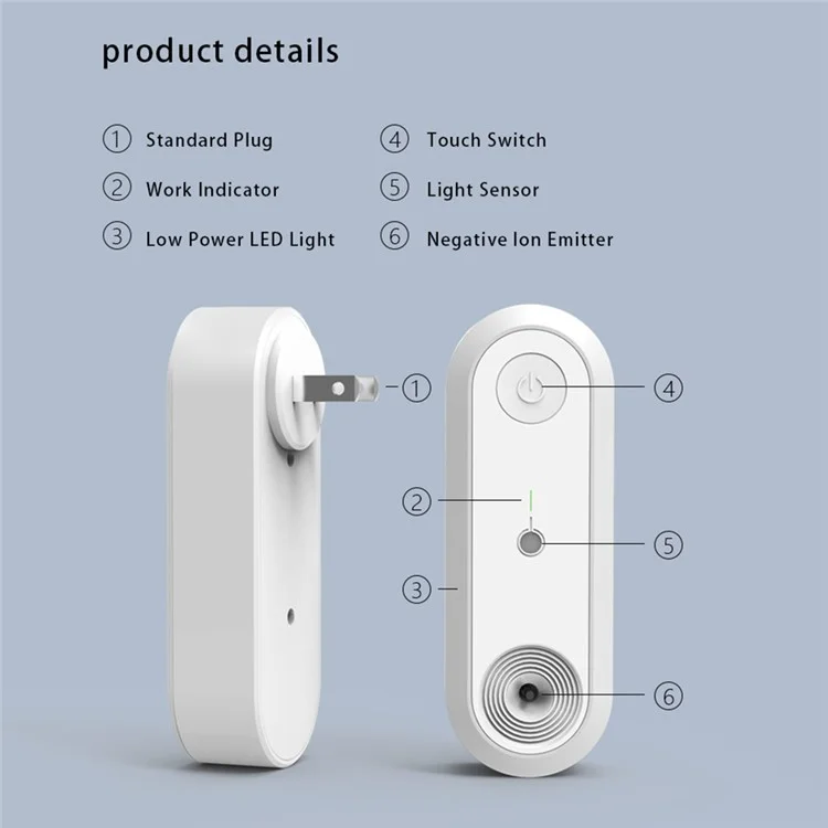 SP-15WJH Gerador de Íons Negativos com Controle de Toque, Purificador de Ar Inteligente com Luz Noturna LED - Plugue EUA