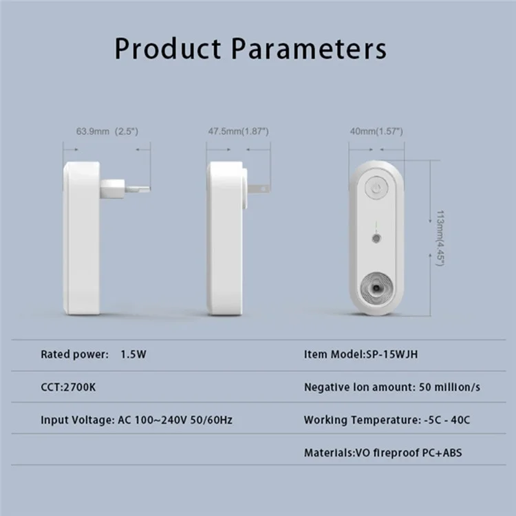 SP-15WJH Gerador de Íons Negativos com Controle de Toque, Purificador de Ar Inteligente com Luz Noturna LED - Plugue EUA