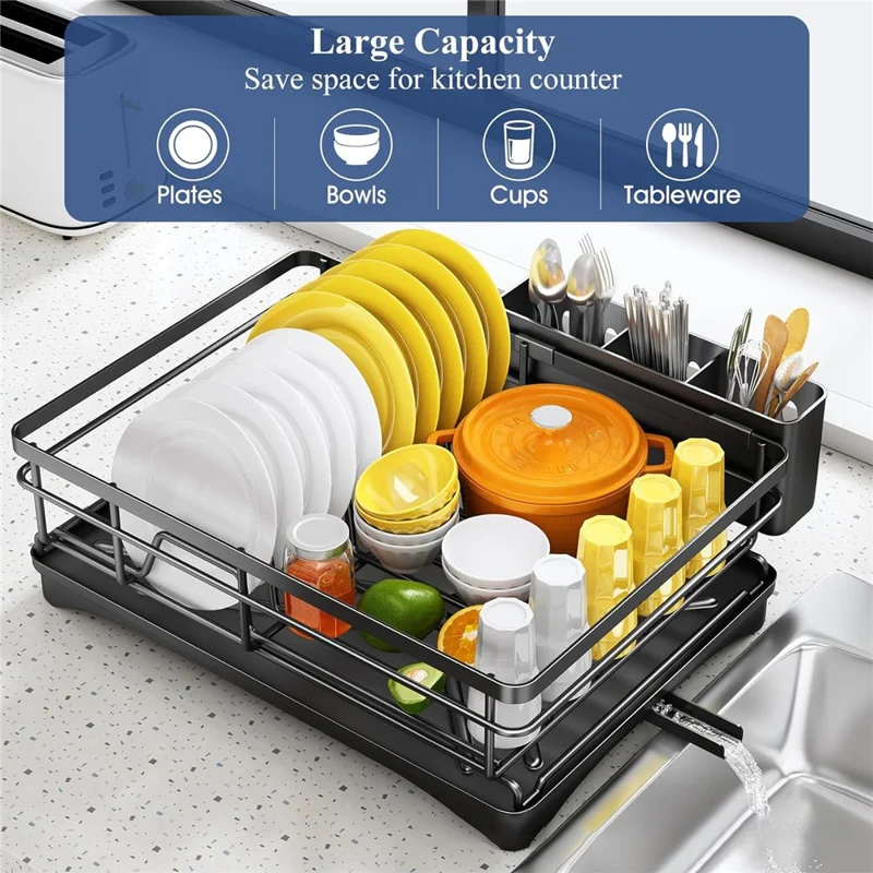 Single Layer Kitchen Dish Rack Stainless Steel Countertop Sink Storage Rack Large Capacity Bowl Drain Shelf