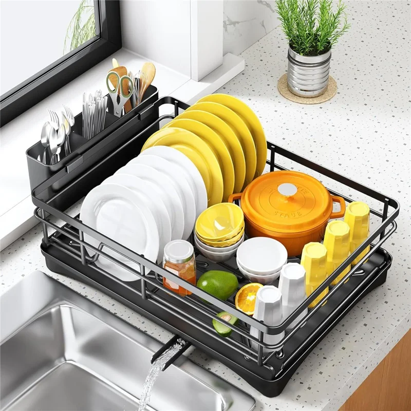 Single Layer Kitchen Dish Rack Stainless Steel Countertop Sink Storage Rack Large Capacity Bowl Drain Shelf