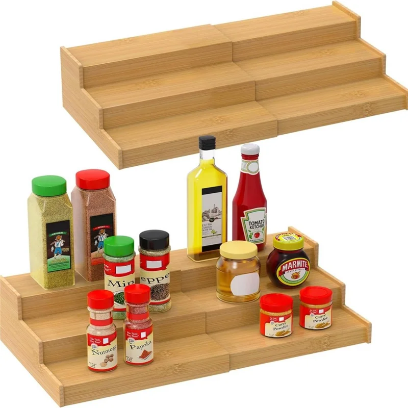 3-Tier Spice Organizer Rack Natural Bamboo Expandable Kitchen Storage Shelf