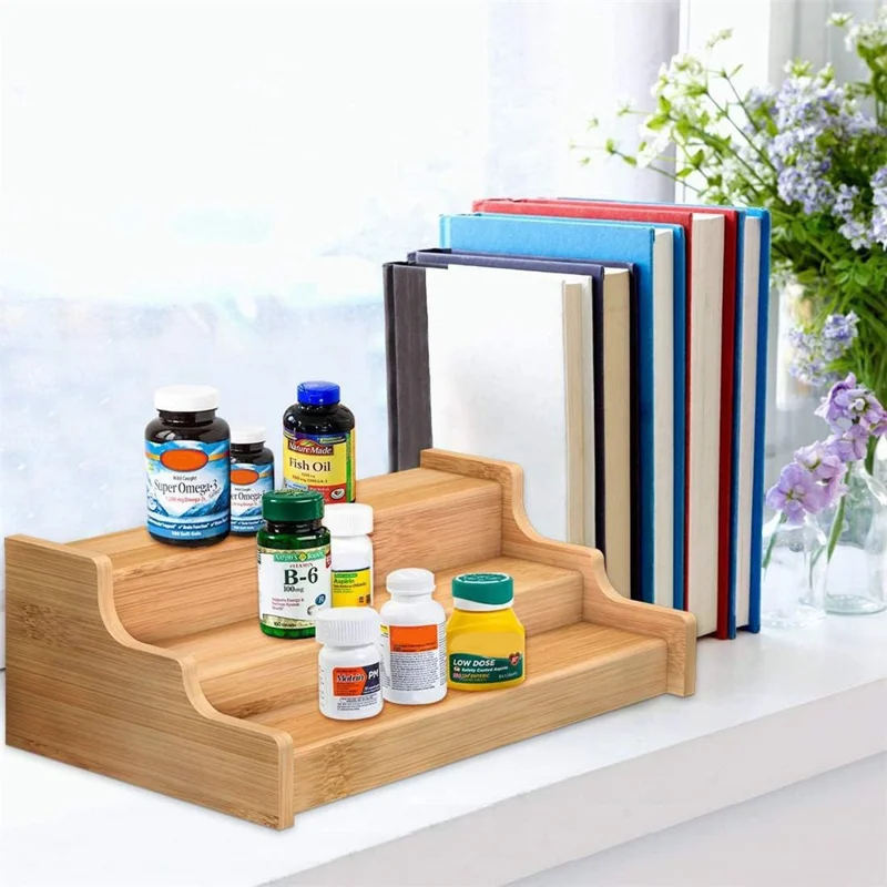 3-Tier Spice Organizer Rack Natural Bamboo Expandable Kitchen Storage Shelf