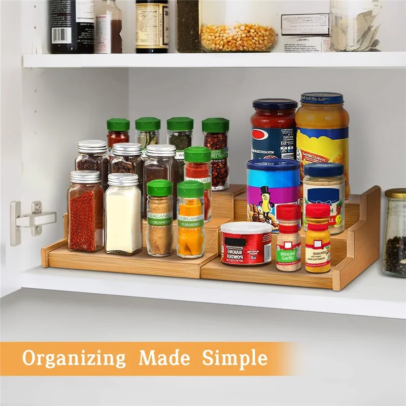 3-Tier Spice Organizer Rack Natural Bamboo Expandable Kitchen Storage Shelf