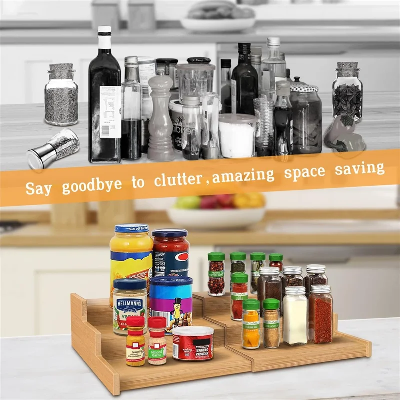 3-Tier Spice Organizer Rack Natural Bamboo Expandable Kitchen Storage Shelf