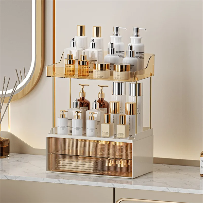 3476 Makeup Storage Skincare Organizer Double Layer Counter Shelf with Two Drawers - Amber
