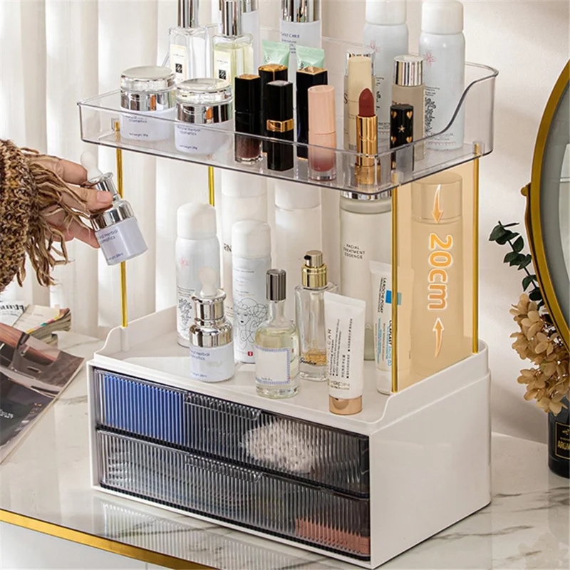 3476 Makeup Storage Skincare Organizer Double Layer Counter Shelf with Two Drawers - Amber
