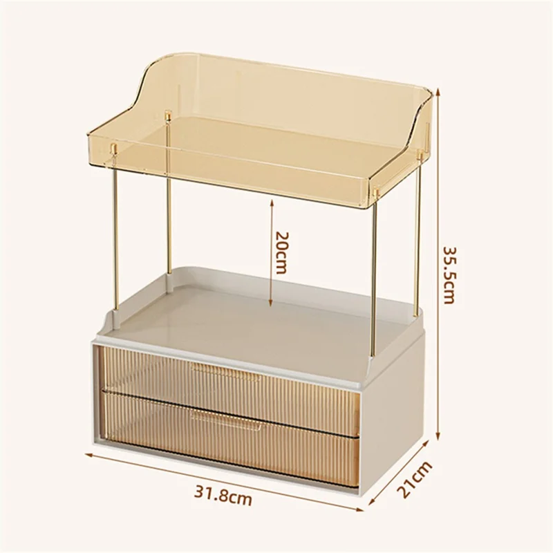 3476 Makeup Storage Skincare Organizer Double Layer Counter Shelf with Two Drawers - Amber