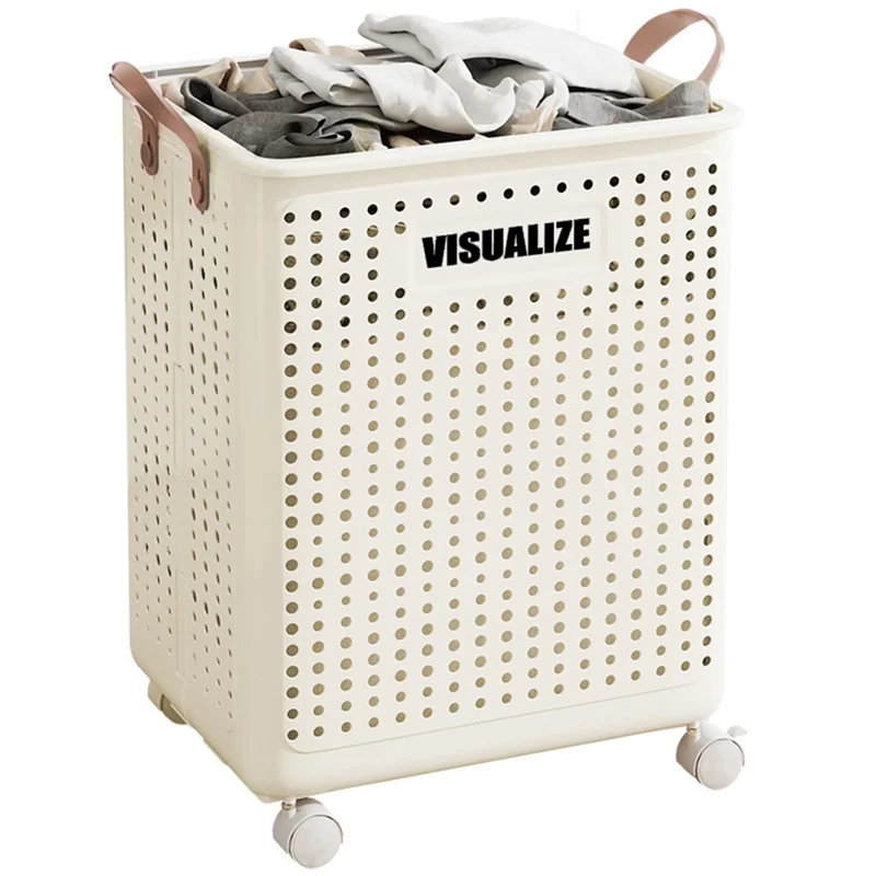 VISUALIZE Hollow Design Foldable Laundry Basket Dirty Clothes Storage Cart with Handles and Wheels, Size M - Cream White