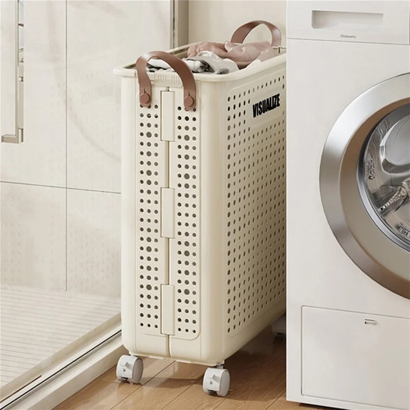 VISUALIZE Hollow Design Foldable Laundry Basket Dirty Clothes Storage Cart with Handles and Wheels, Size M - Cream White