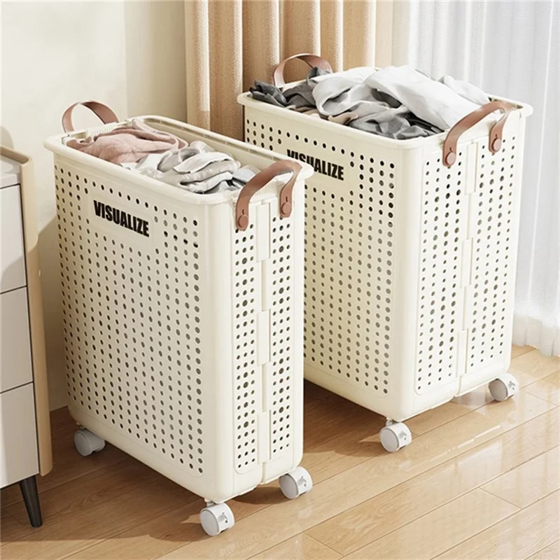 VISUALIZE Hollow Design Foldable Laundry Basket Dirty Clothes Storage Cart with Handles and Wheels, Size M - Cream White