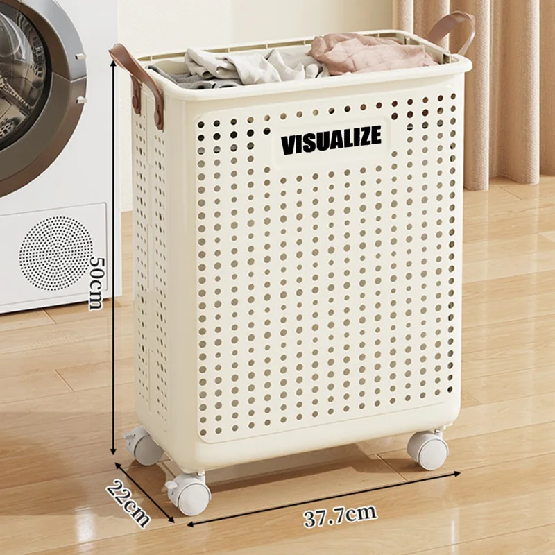 VISUALIZE Hollow Design Foldable Laundry Basket Dirty Clothes Storage Cart with Handles and Wheels, Size M - Cream White