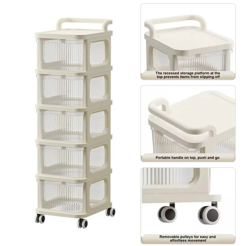 5 Layers Transparent PP Pull Out Drawer Storage Cart Sundries Rack with Wheels