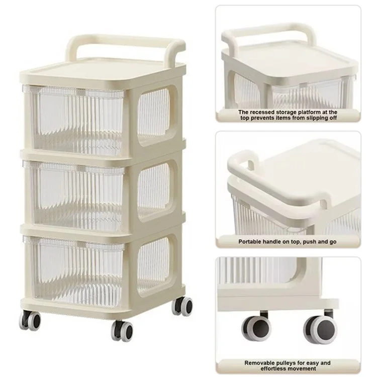 3 Layers Transparent PP Pull Out Drawer Storage Cart Sundries Rack with Wheels