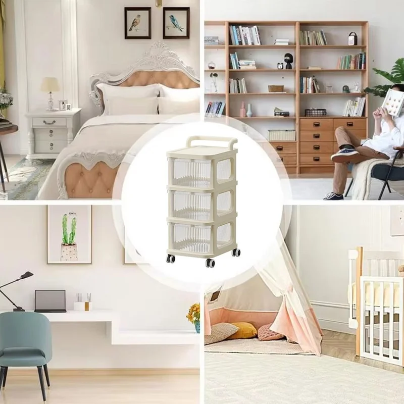 3 Layers Transparent PP Pull Out Drawer Storage Cart Sundries Rack with Wheels