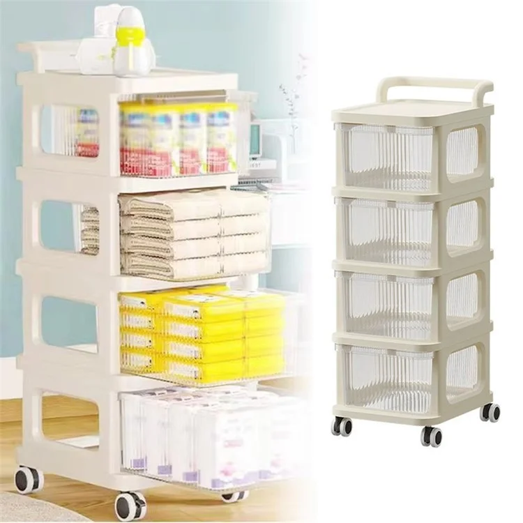 4 Layers Transparent PP Pull Out Drawer Storage Cart Sundries Rack with Wheels
