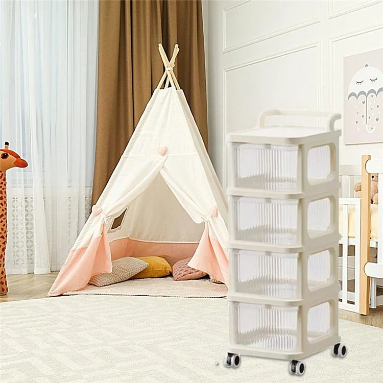 4 Layers Transparent PP Pull Out Drawer Storage Cart Sundries Rack with Wheels