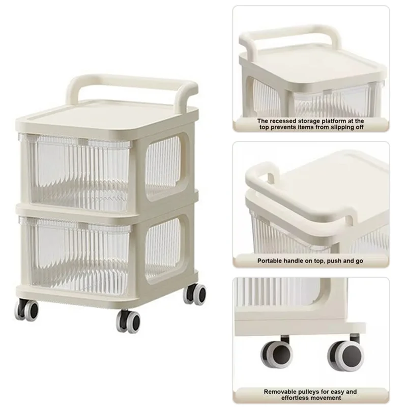 2 Layers Transparent PP Pull Out Drawer Storage Cart Sundries Rack with Wheels