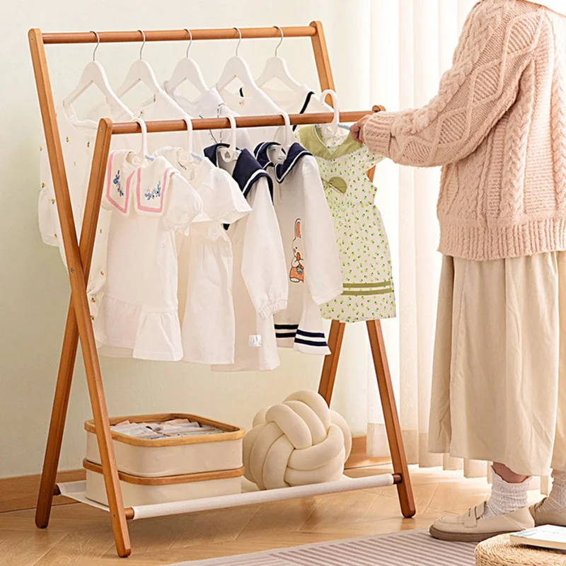 2550ZDYMJ Double Rod Bedroom Clothing Hanger Rack Bamboo Foldable Storage Shelf, High Style / 80cm Width