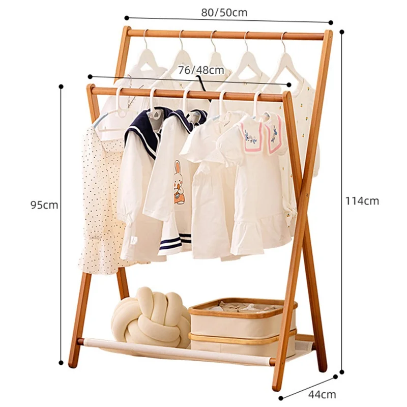 2550ZDYMJ Double Rod Bedroom Clothing Hanger Rack Bamboo Foldable Storage Shelf, High Style / 80cm Width