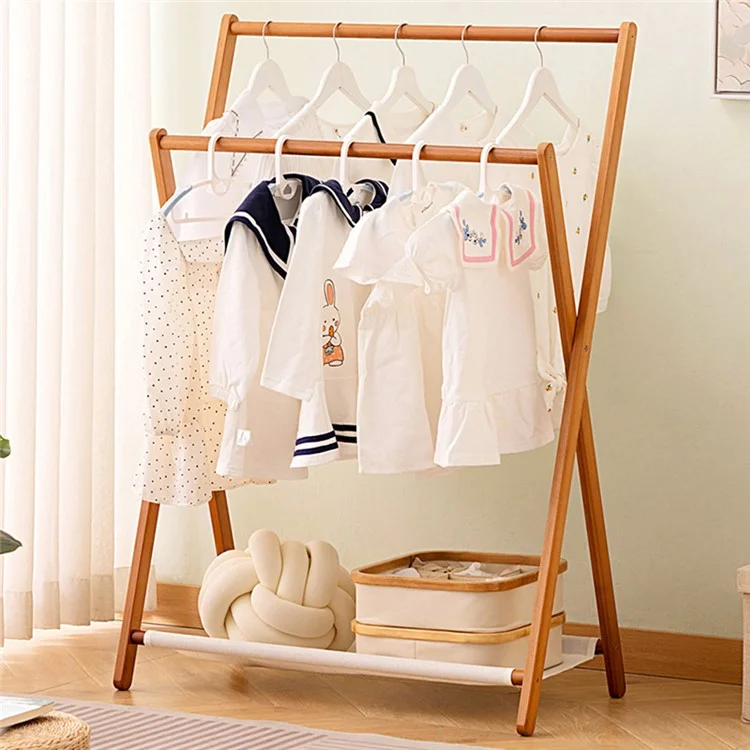 2550ZDYMJ Double Rod Bedroom Clothing Hanger Rack Bamboo Foldable Storage Shelf, Low Style / 80cm Width