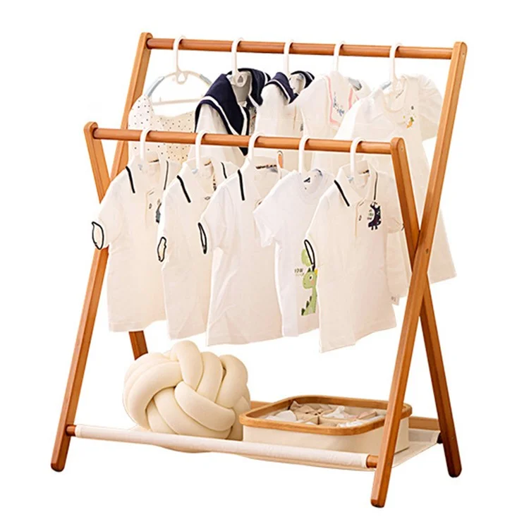 Rack de rangement pour vêtements à double tige en bambou pliable, style bas / Largeur 50 cm